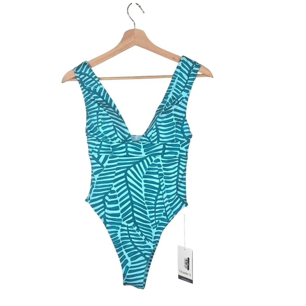 NWT Vitamin A Plunge One Piece Swimsuit Women's M Aqua Tropical High Cut